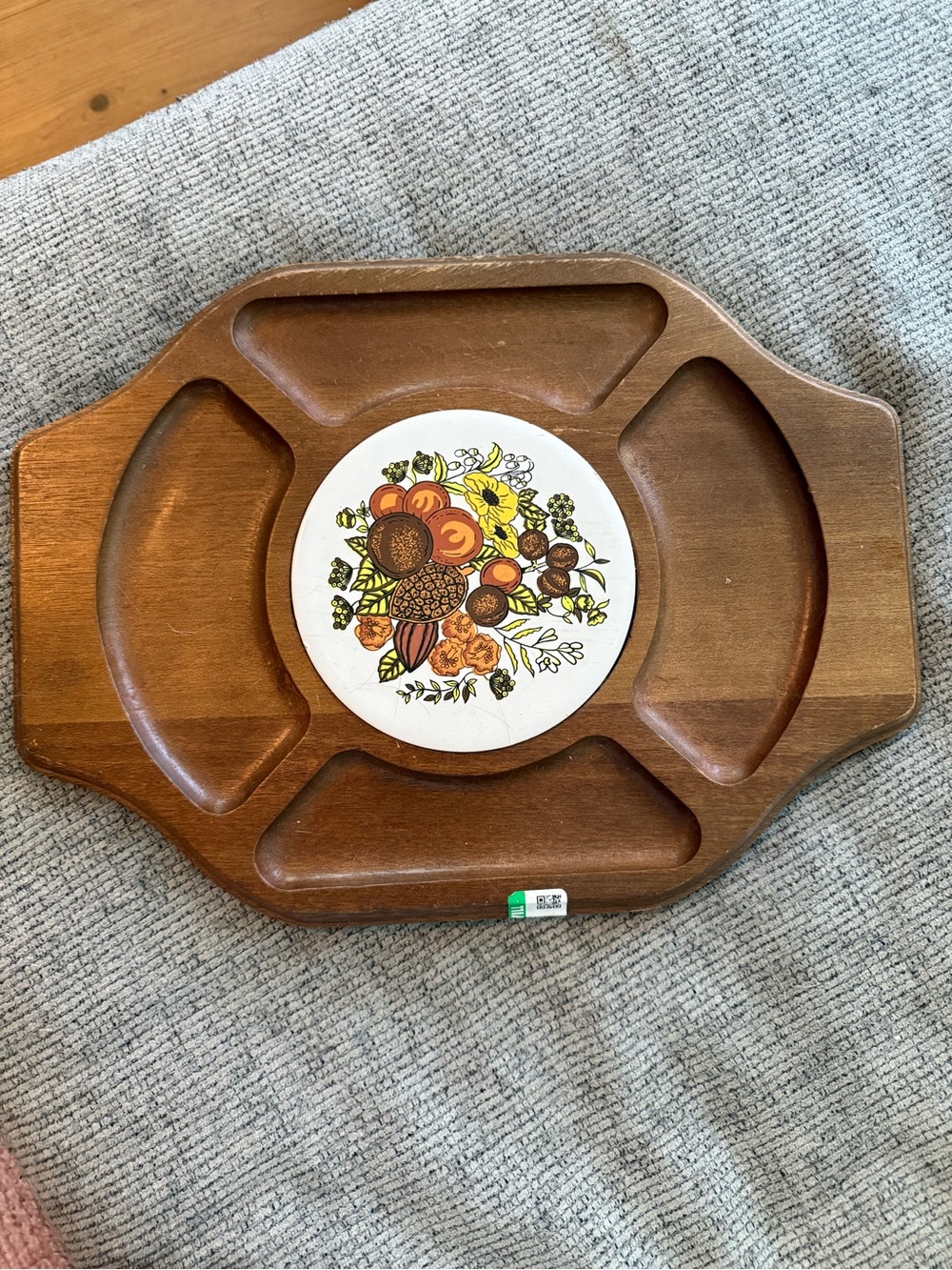 Vintage Wood Serving Tray With Floral Ceramic Tile Center | Snack Tray | Platter
